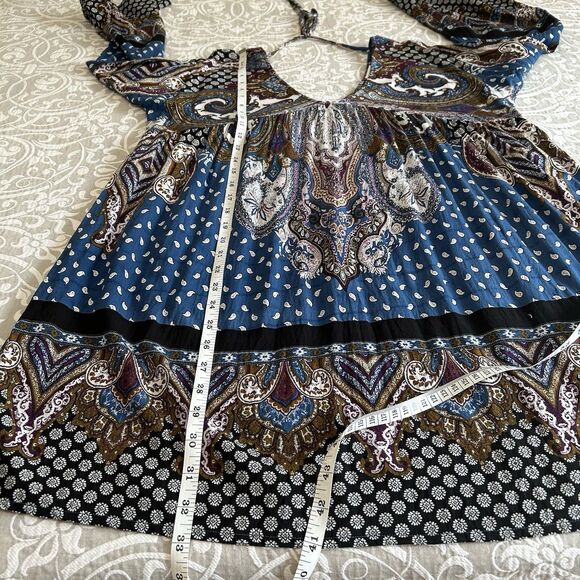 Velzera Mini Dress Women M Blue Multi Paisley TieBack Boho Peasant Gypsy Cottage - Picture 7 of 16